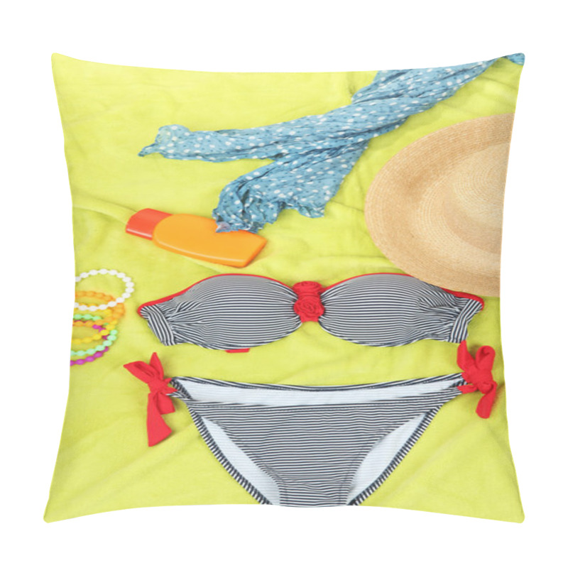 Personality  Swimsuit And Beach Items On Bright Background Pillow Covers