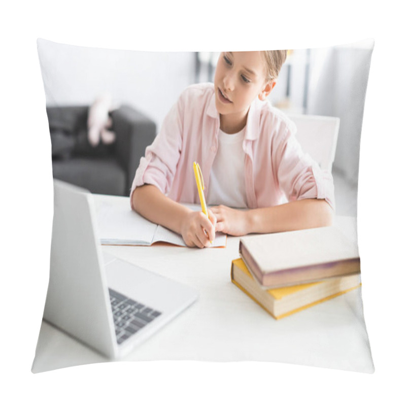 Personality  Selective Focus Of Cute Child Writing On Notebook Near Books And Laptop During Electronic Education  Pillow Covers