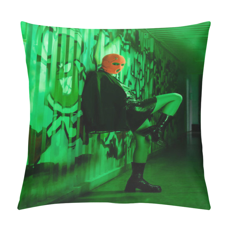 Personality  Full Length Of Sexy Woman In Stylish Leather Boots And Orange Balaclava Standing Near Wall With Graffiti In Green Lighting Pillow Covers