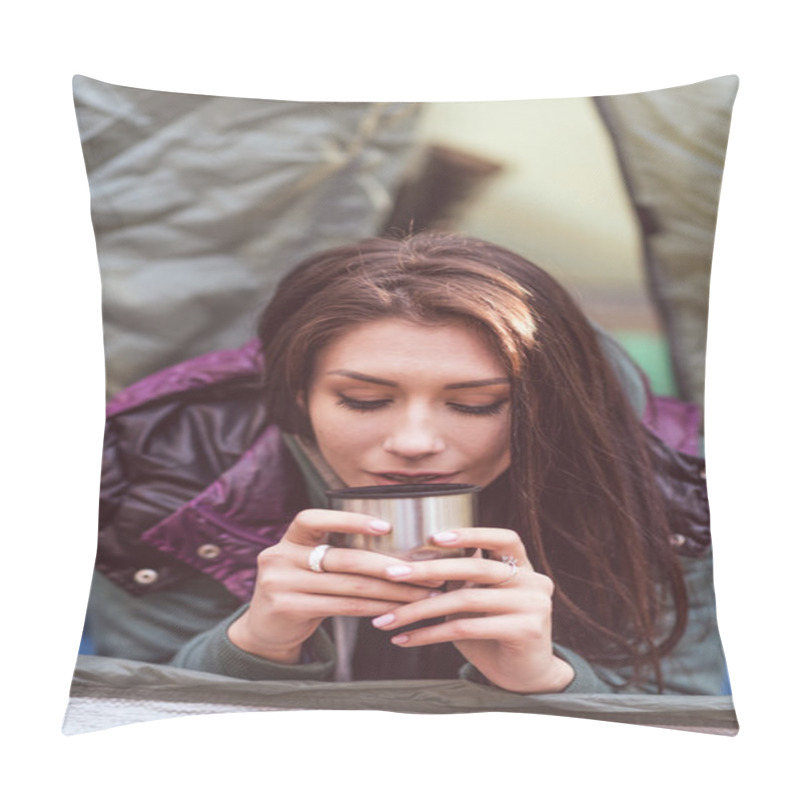 Personality  Woman In Tent Holding Metallic Cup Pillow Covers