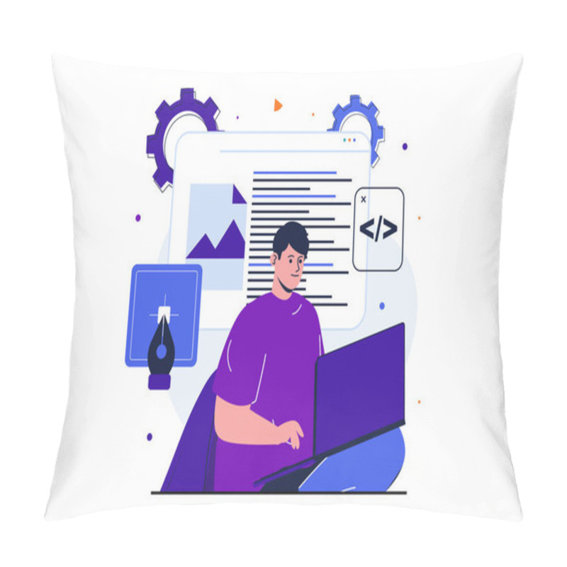 Personality  Designer Studio Modern Flat Concept For Web Banner Design. Man Developer Works On Laptop, Writes Code And Scripts, Creates And Optimizes Website Layout. Illustration With Isolated People Scene Pillow Covers