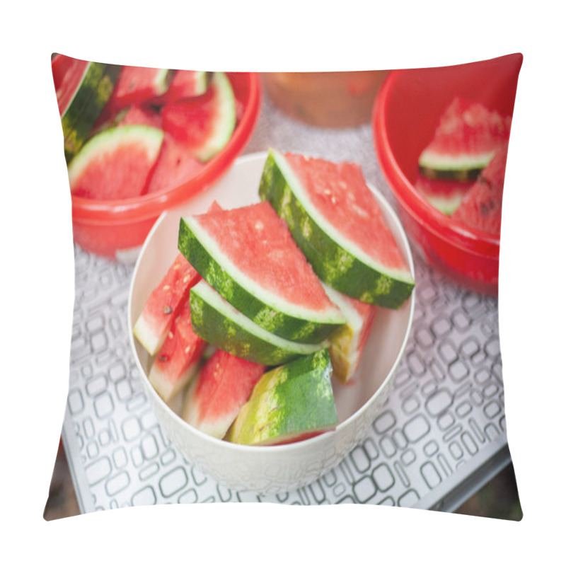 Personality  Juicy Watermelon. Slices Of Watermelon On The Table. Tasty Big Berry. Girl Takes A Slice Of Watermelon. Juicy And Wholesome Treat. Children's Diet Is Fruit. Pillow Covers