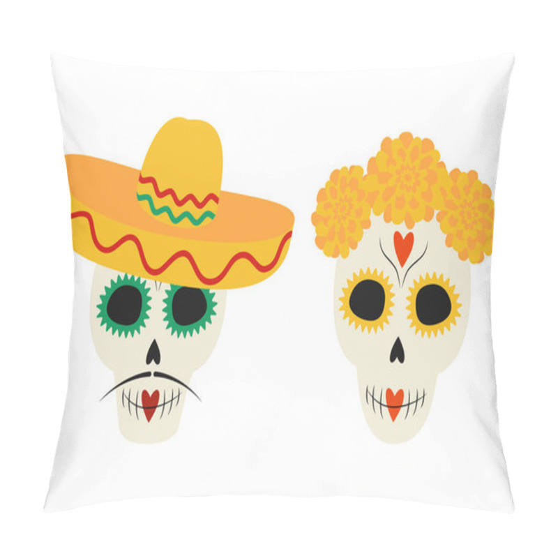 Personality  Festive Sculls In Traditional Mexican Decor And Headwear. Day Of The Dead Cute Characters Idea Set 2. Isolated Vector Illustration Thematic Greeting Or Invitation Cards Or Web Promo Leaflets, Banner  Pillow Covers