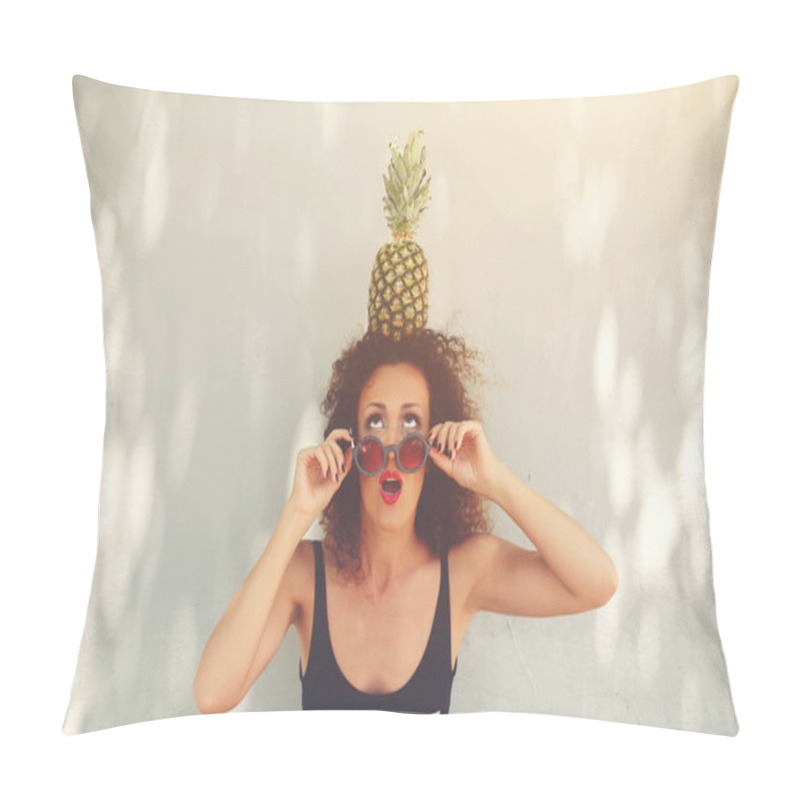 Personality  Trendy Dressed Attractive Woman With Surprised Emotion Having Fun Pillow Covers