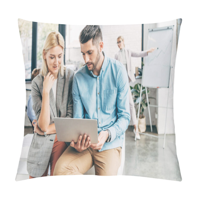 Personality  Young Businessman And Businesswoman Working With Laptop In Office Pillow Covers