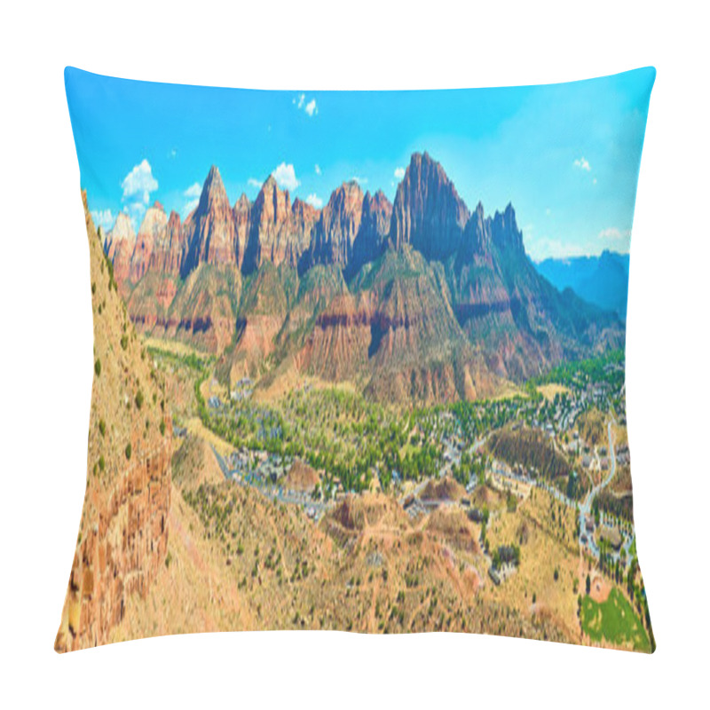 Personality  Majestic View Of Zion National Park Iconic Red Rock Formations With Springdale Nestled Below. Experience The Harmony Of Desert Landscapes And Vibrant Town Life Under A Clear Utah Sky. Perfect For Pillow Covers