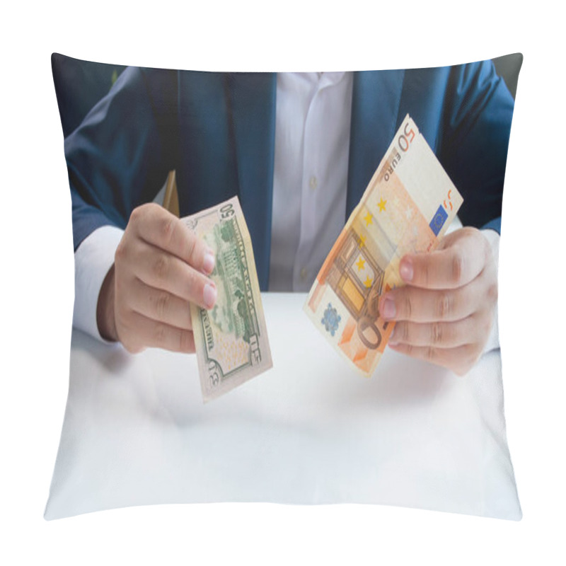 Personality  Conceptual Photo Of Euro And Dollar Currency Stability. Businessman Holding Different Banknotes In Hands Pillow Covers