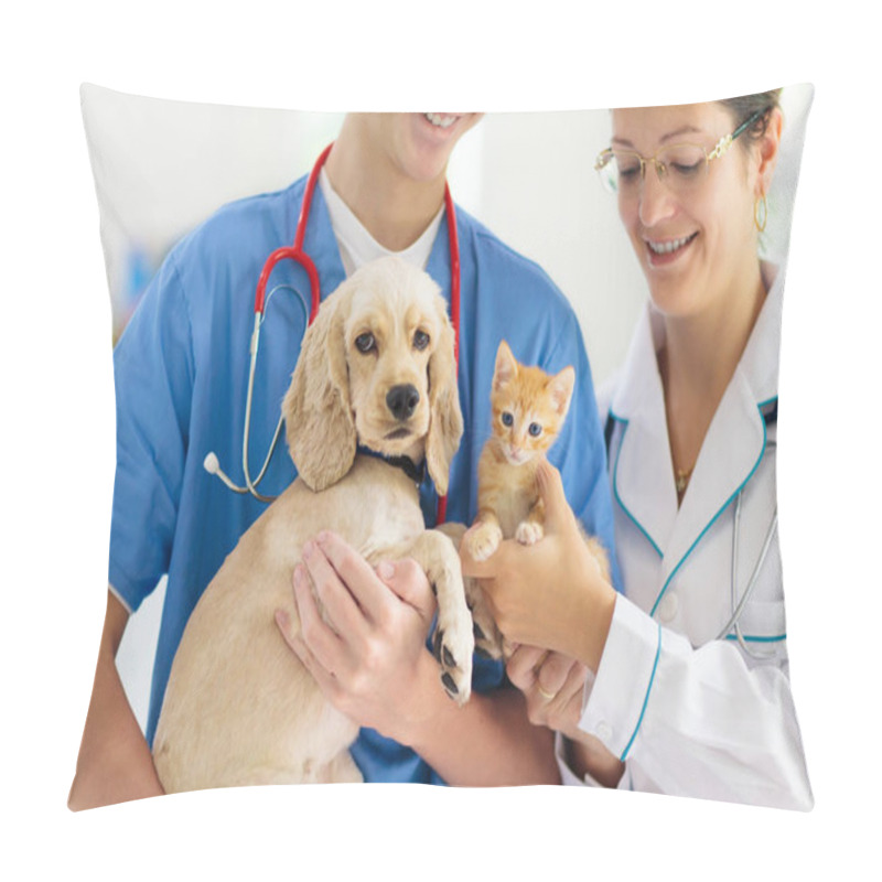 Personality  Vet With Dog And Cat. Puppy And Kitten At Doctor. Pillow Covers