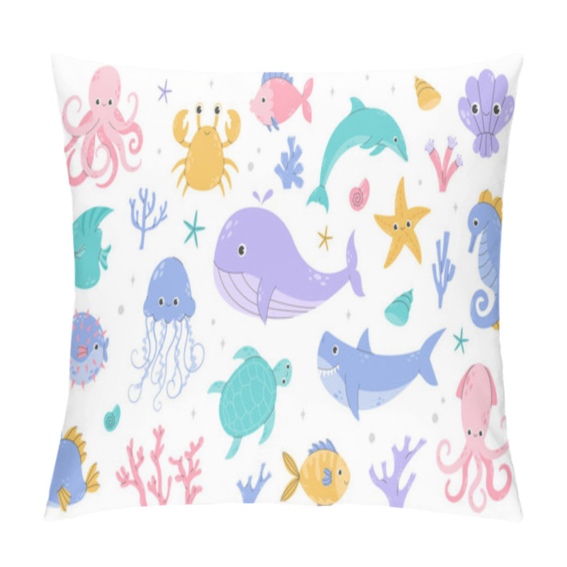 Personality  Set Of Sea And Ocean Underwater Animals. Cute Aquatic Turtle, Whale, Whale, Dolphin, Octopus And Colorful Fishes. Childish Colored Flat Cartoon Vector Illustration Isolated On White Background Pillow Covers