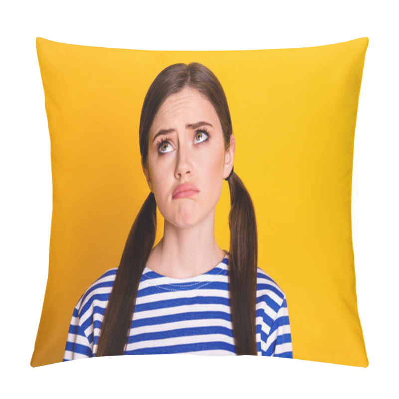 Personality  Close-up Portrait Of Her She Nice Attractive Pretty Gloomy Grumpy Desperate Brown-haired Schoolgirl Feeling Regret Sorrow Isolated On Bright Vivid Shine Vibrant Yellow Color Background Pillow Covers