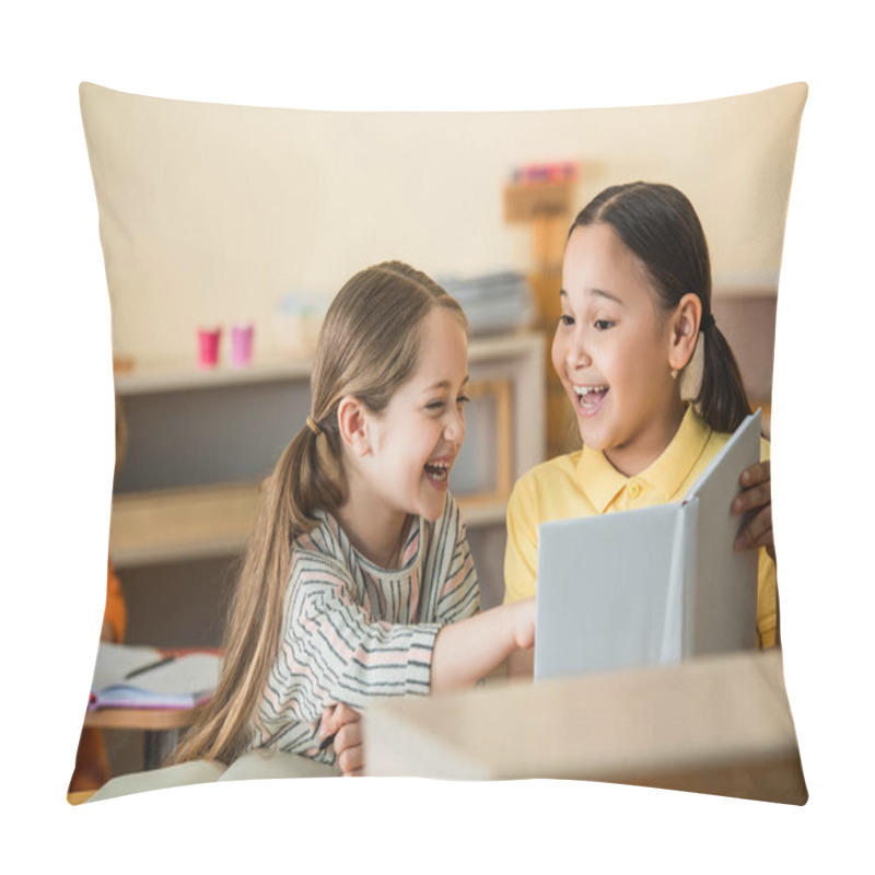 Personality  Excited Girl Pointing At Book Near Cheerful Asian Friend In Montessori School Pillow Covers