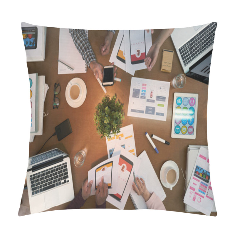 Personality  Developers And Investors Working On Interface For New Mobile Application Pillow Covers