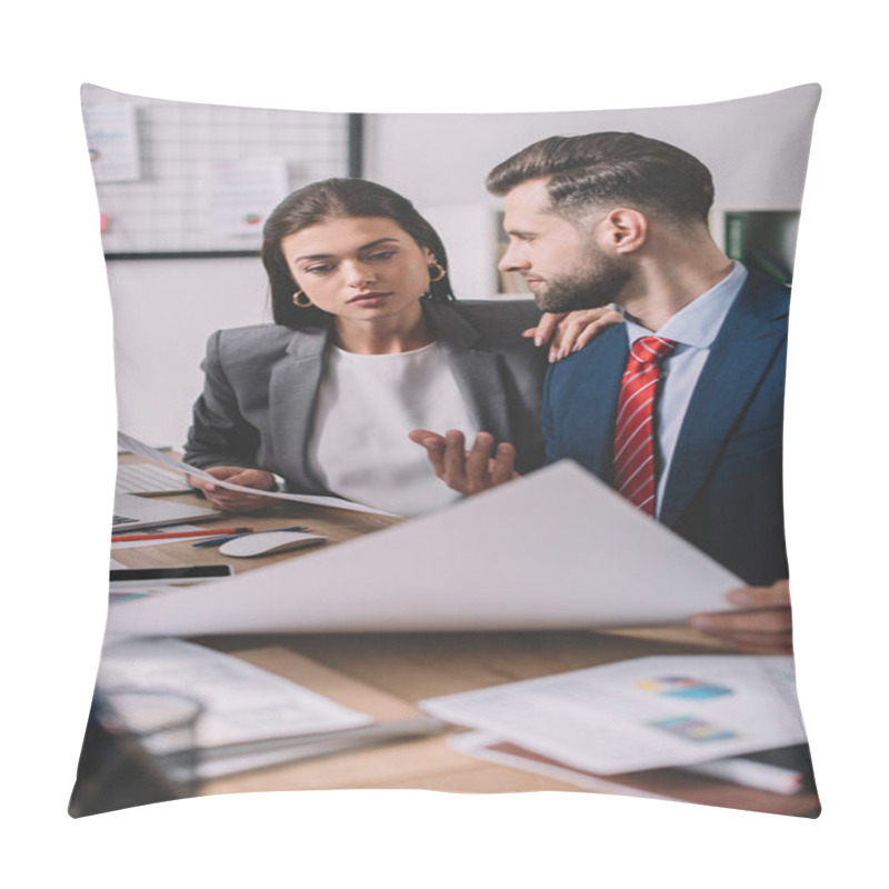 Personality  Selective Focus Of Information Security Analysts Working With Papers Near Computers On Table In Office  Pillow Covers