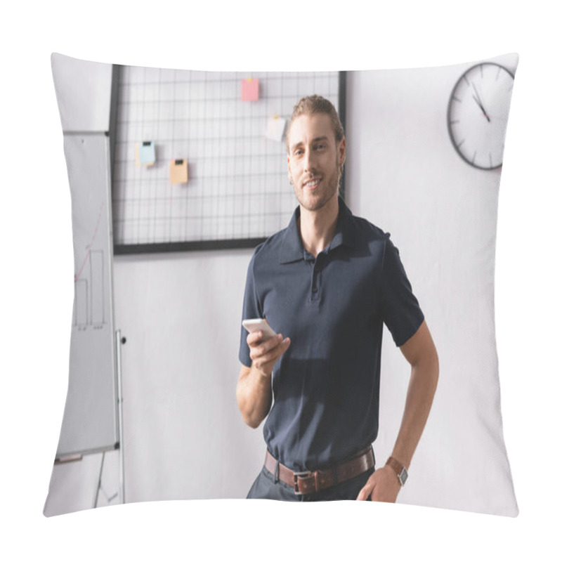 Personality  Happy Office Worker With Hand In Pocket Looking At Camera While Standing At Workplace Pillow Covers