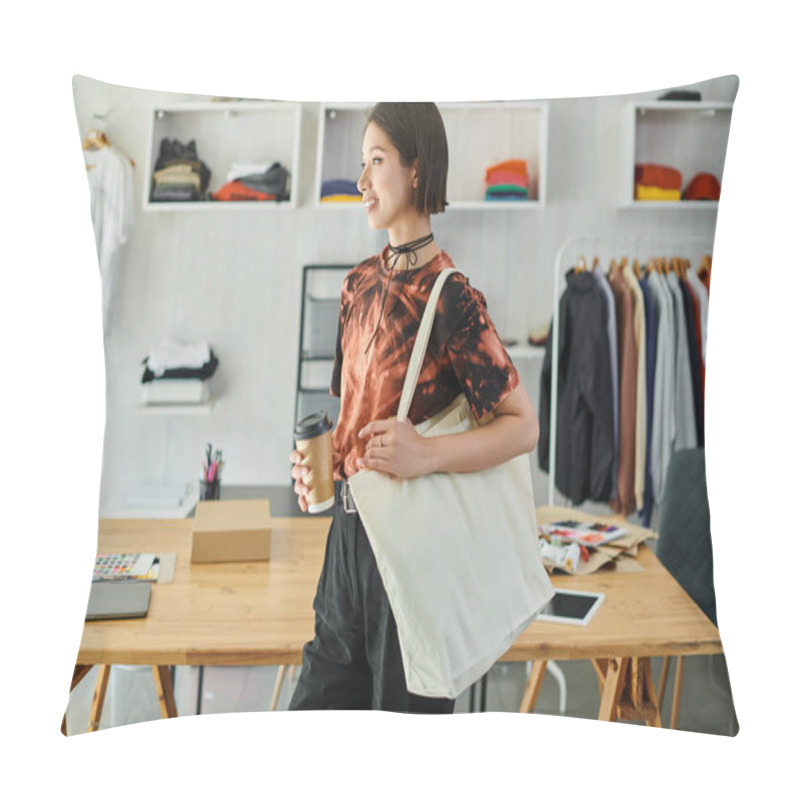 Personality  Joyful And Stylish Asian Woman With Canvas Shopping Bag And Takeaway Drink In Modern Print Studio Pillow Covers