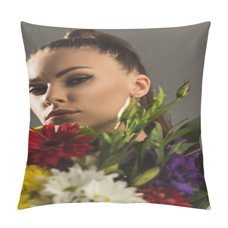 Personality  Portrait Of Beautiful Girl With Bouquet Of Flowers Looking At Camera, Isolated On Grey Pillow Covers