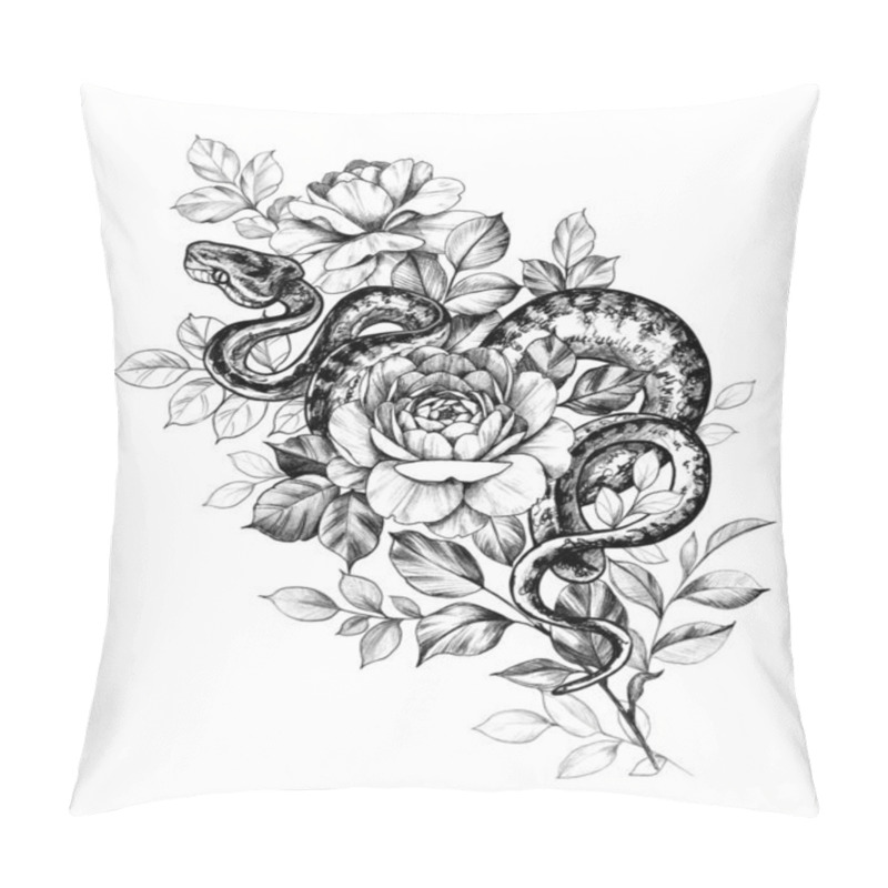 Personality  Hand Drawn Monochrome Creeping Python And Rose Flowers Pillow Covers