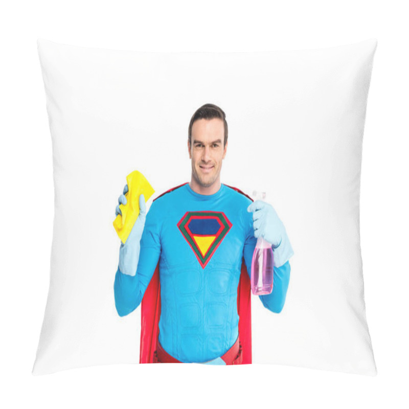 Personality  Smiling Male Superhero Holding Rag And Spray Bottle With Detergent Isolated On White Pillow Covers