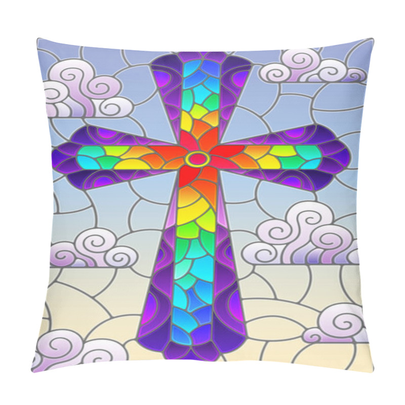 Personality  Illustration In Stained Glass Style With Bright Cross On A Background Of Blue Sky And Clouds Pillow Covers