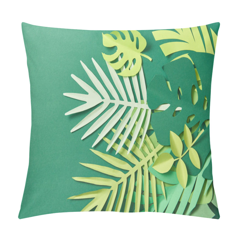 Personality  Top View Of Tropical Paper Cut Palm Leaves On Green Background With Copy Space Pillow Covers