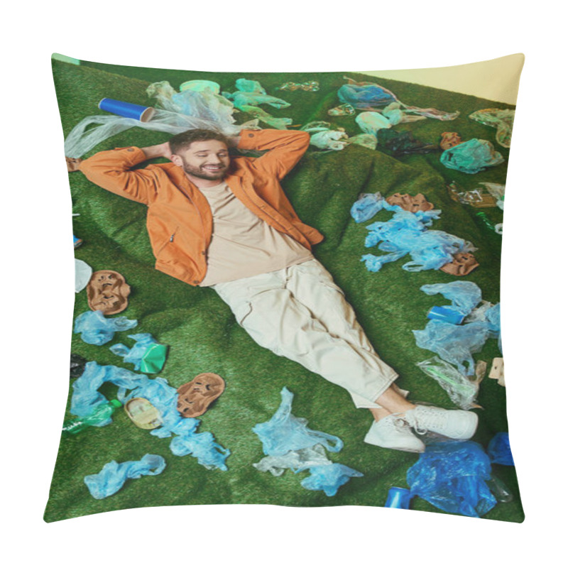 Personality  A Man Lies Comfortably On Green Grass Surrounded By Plastic Debris. Pillow Covers