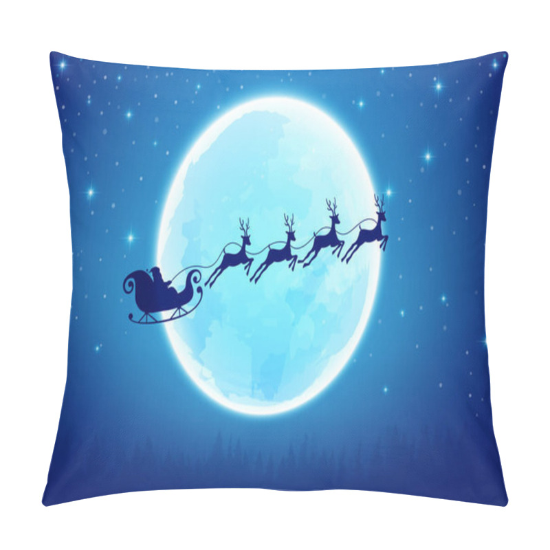 Personality  The Silhouette Of Santa And Reindeer Are Flying In The Night Sky, Abstract Background Scenic Christmas Landscape With Big Moon Against Snow Falling And Glittering Star Pillow Covers