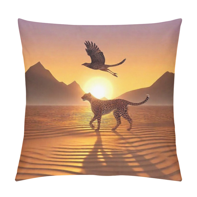 Personality  Hybrid Animal With The Body Of A Cheetah And The Radiant Tail Of A Phoenix, Running Across A Dreamlike Landscape Of Swirling, Glowing Sands And Floating Mountains. Pillow Covers