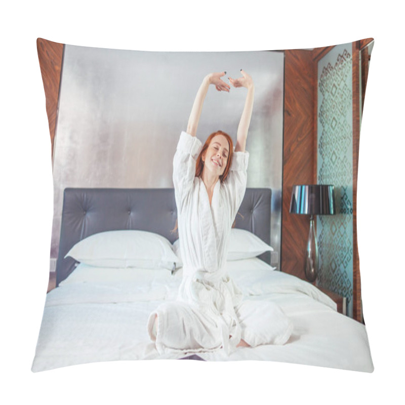 Personality  Redhead Woman Stretching In Bed After Waking Up Pillow Covers