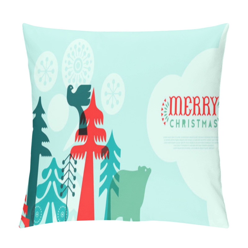 Personality  Merry Christmas Web Template Illustration Of Traditional Folk Art Style Pine Tree Forest And Winter Animals. Geometric Retro Nordic Design For Holiday Celebration.  Pillow Covers