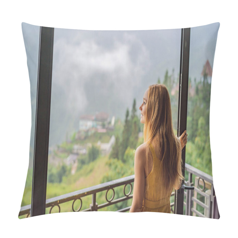 Personality  A Young Woman Holding Coffee Cup While Sittinhg On Chair On Balcony , Looking At Mountains And Green Nature. Woman In Sapa In The Fog, Northwest Vietnam. Vietnam Travel Concept. UNESCO Heritage Pillow Covers