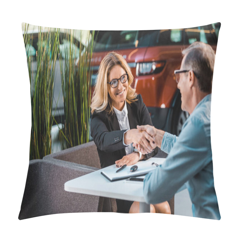 Personality  Happy Adult Customer And Female Car Dealer Shaking Hands In Showroom Pillow Covers