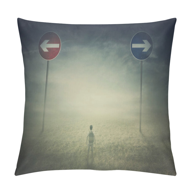 Personality  Lost Man In The Middle Of Nowhere With Signposts Showing Two Opposite Directions To Choose Between Left And Right. Arrows Aimed At Different Courses. Road Way Decisive Choice. Dilemma Concept Pillow Covers