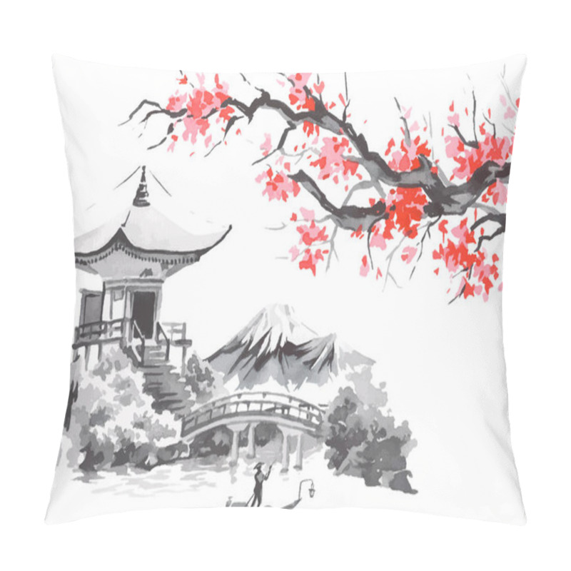 Personality  Japan Traditional Sumi-e Painting. Fuji Mountain, Sakura, Sunset. Japan Sun. Indian Ink Vector Illustration. Japanese Picture. Pillow Covers