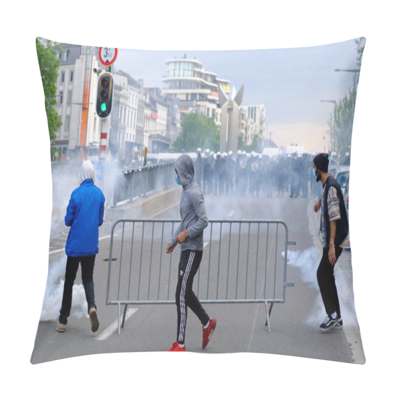 Personality  Tear Gas Thrown By Riot Police To Disperse Protesters During The Black Lives Matter Protest Rally, In Brussels, Belgium On Sunday, June 7, 2020. Pillow Covers