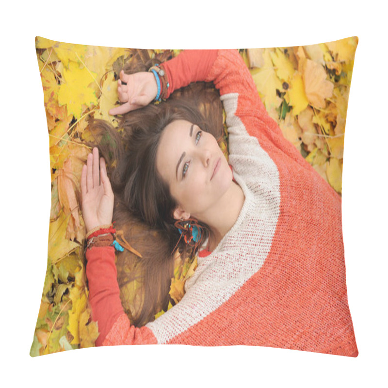 Personality  Young Pretty Woman Portrait, Laying In Autumn Leaves, Dressed In Fashion Orange Sweater, Autumn Outdoor Pillow Covers