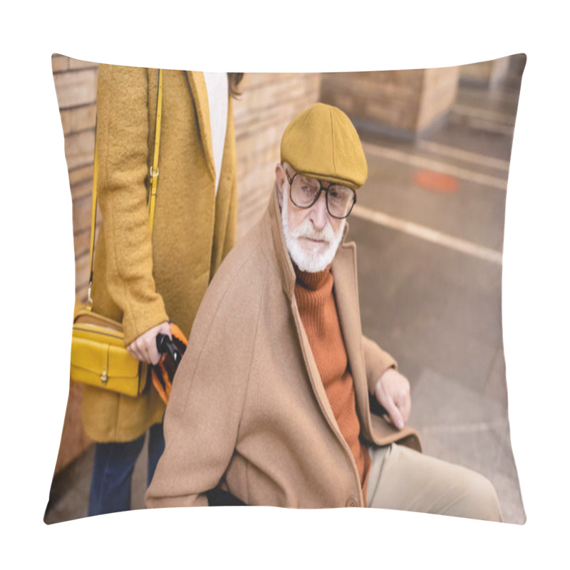 Personality  Woman Holding Wheelchair With Senior Disabled Man On Underground Platform Pillow Covers