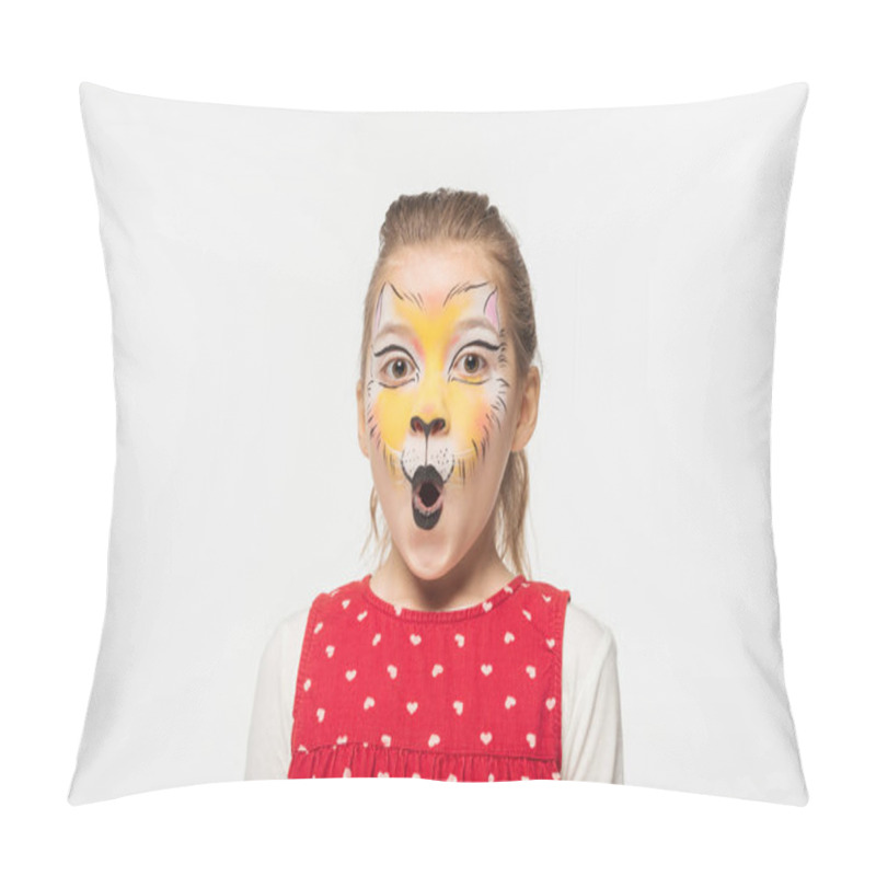 Personality  Portrait Of Adorable Child With Tiger Muzzle Painting On Face Looking At Camera Isolated On White Pillow Covers