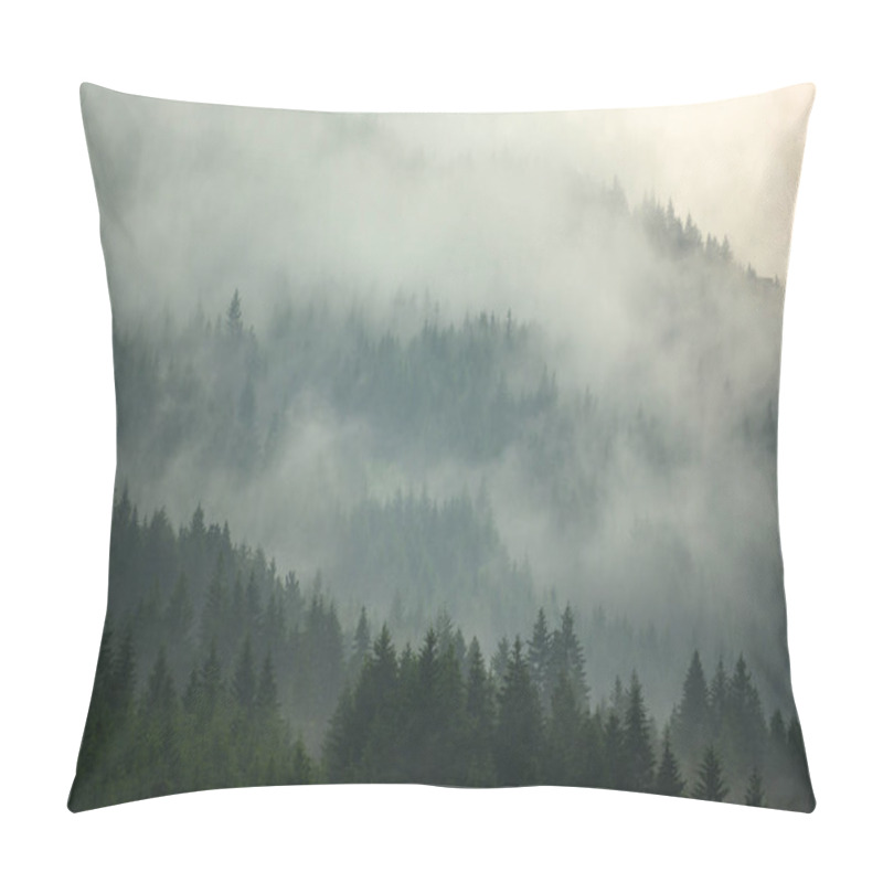 Personality  The Pine Forest In The Valley In The Morning Is Very Foggy, The Atmosphere Looks Scary. Dark Tone And Vintage Image. Pillow Covers