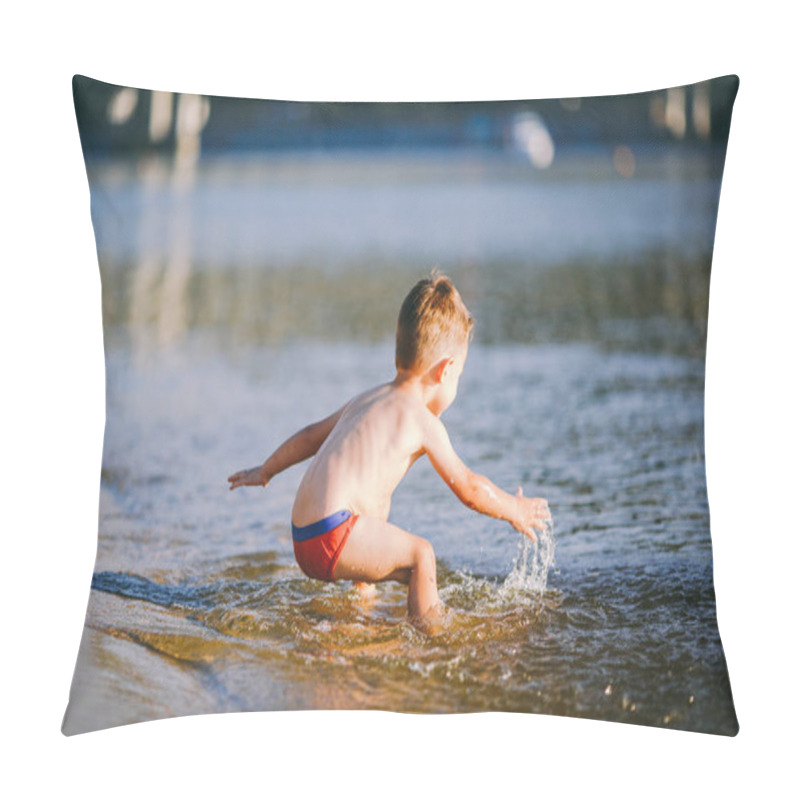 Personality  Theme Is Summer Time And Rest Near The Water. Little Joyful Caucasian Funny Boy Plays And Enjoys In The River. The Child Is Resting And Swimming In The Lake Pond Sandy Beach Pillow Covers