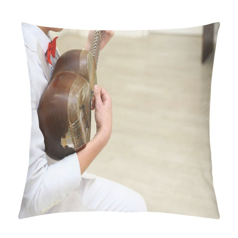 Personality  Azerbaijan Baku . 21.02.2020. Tar String Instrument . Man Playing On A Classical Folk Instrument Tar Of Azerbaijan. A Musician Playing Azerbaijani Traditional Musical String Instr Pillow Covers