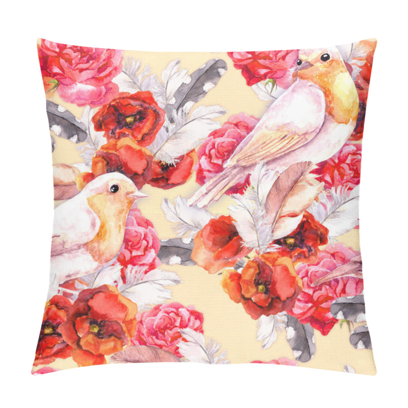 Personality  Seamless Floral Pattern With Poppy, Rose And Birds. Watercolour Pillow Covers