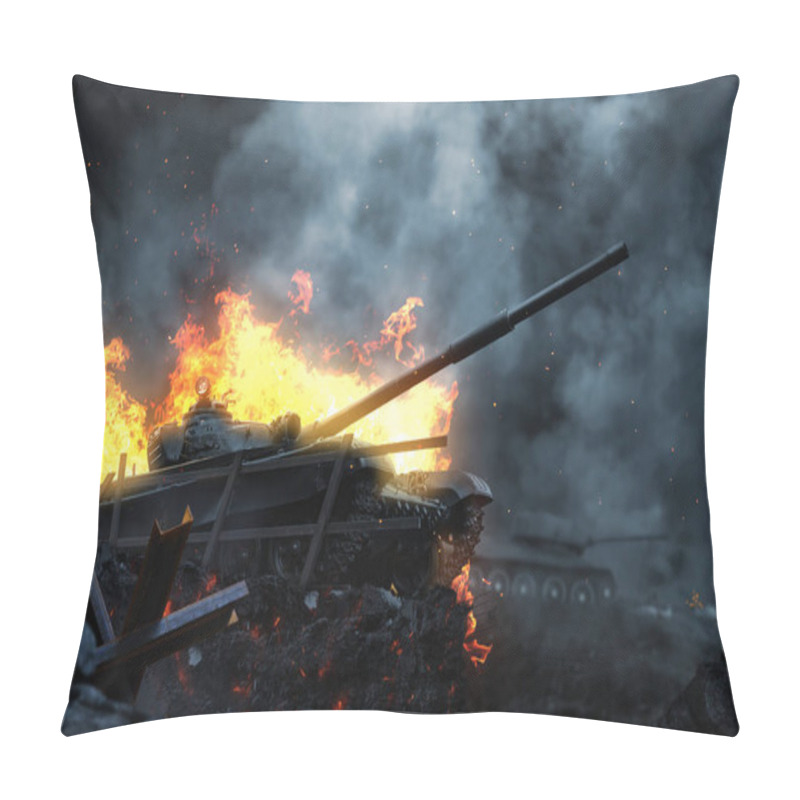 Personality  Burning Battle Tank On The Battlefield At Dusk Pillow Covers