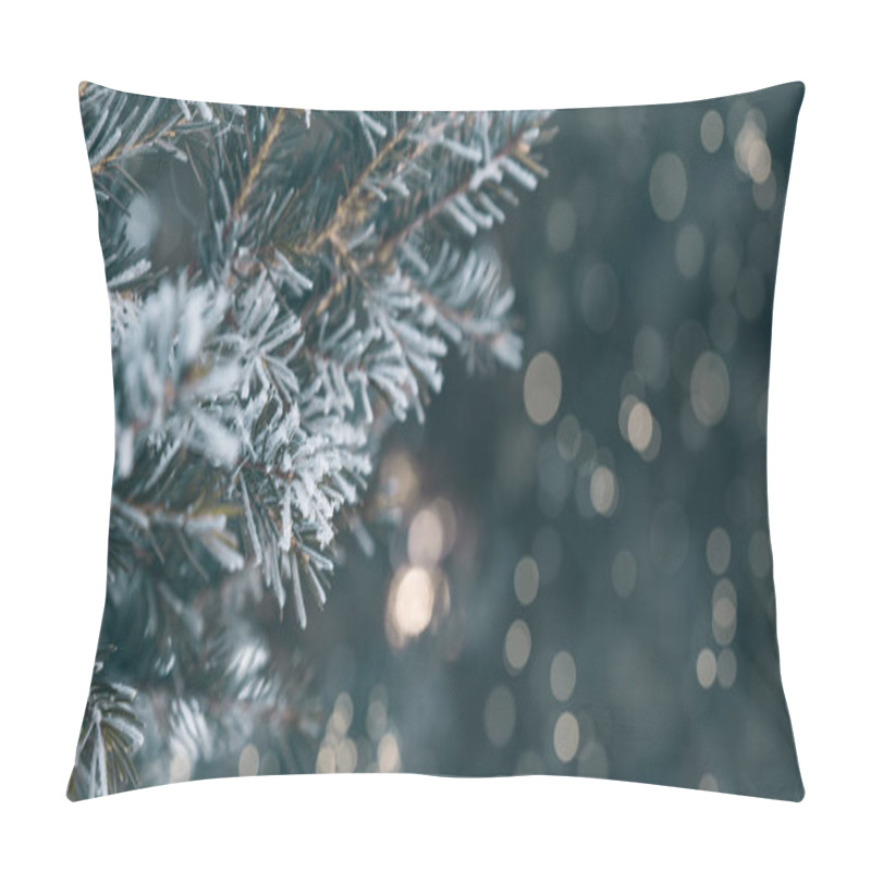 Personality  Pine Tree Branches Are Covered With Frost, Nature Winter Natural Background, Snow-covered Coniferous Needles Close-up, Soft Focus, Bokeh And Copy Space. Pillow Covers