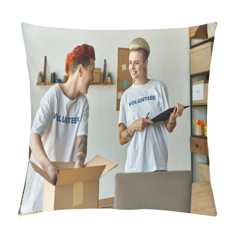 Personality  A Young Lesbian Couple In Volunteer T-shirts Working Together In A Room, Spreading Love And Kindness Through Charity. Pillow Covers