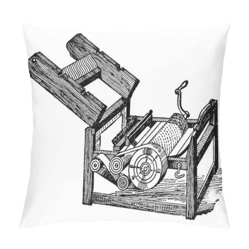 Personality  A Machine Invented By Eli Whitney, Quickly Separates The Cotton Fibers From Their Seeds, Enabling Greater Productivity Than Manual Cotton Separation, Vintage Line Drawing Or Engraving Illustration. Pillow Covers