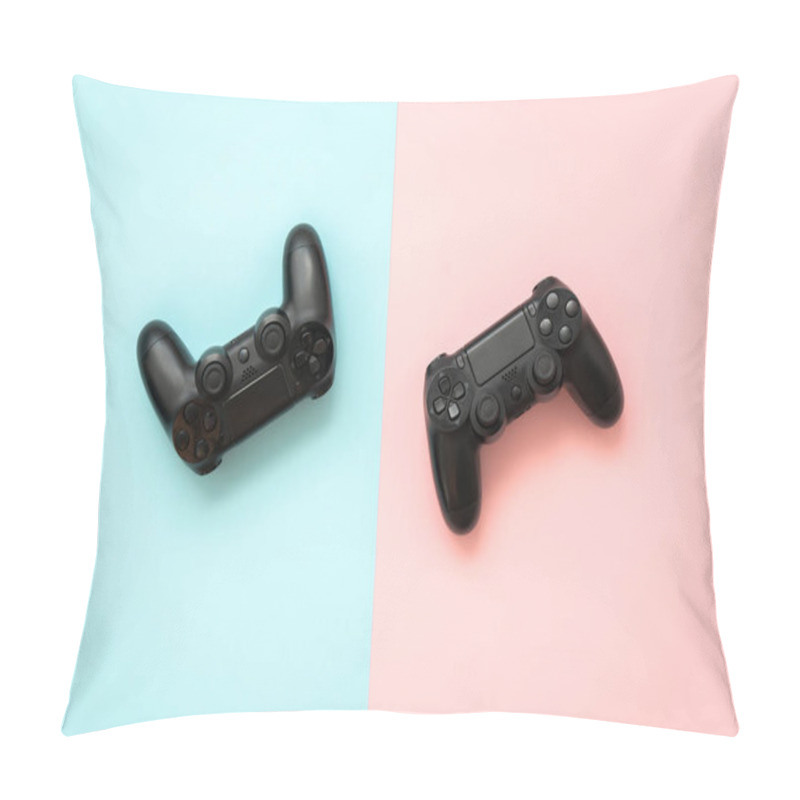 Personality  Two Game Joystick From The Set-top Box On A Blue And Pink Background. The Concept Of Games For Boys And Girls. Pillow Covers