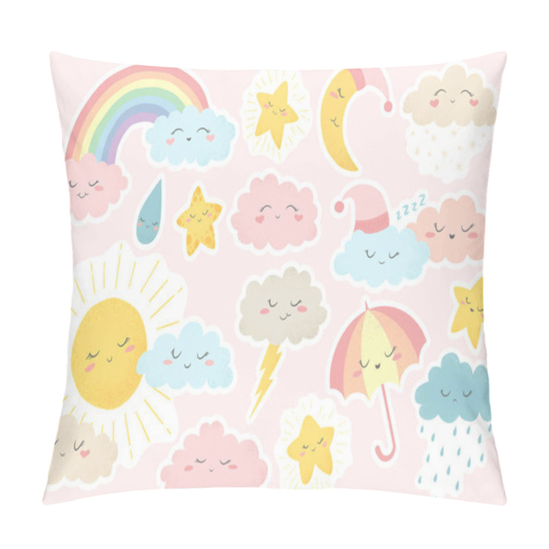 Personality  Vector Stickers Collection With Hand Drawn Cartoon Sun, Moon, Rainbow, Umbrella, Rain, Snow, Clouds And Stars Isolated On Pink Background. Cute Weather Characters For Print, Card, Stationery Pillow Covers