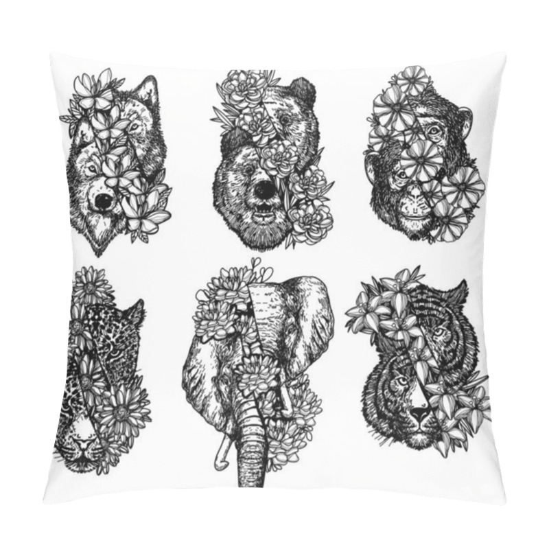 Personality  Tattoo Art Wolf Monkey Tiger And Elephant Hand Drawing And Sketch Black And White Pillow Covers