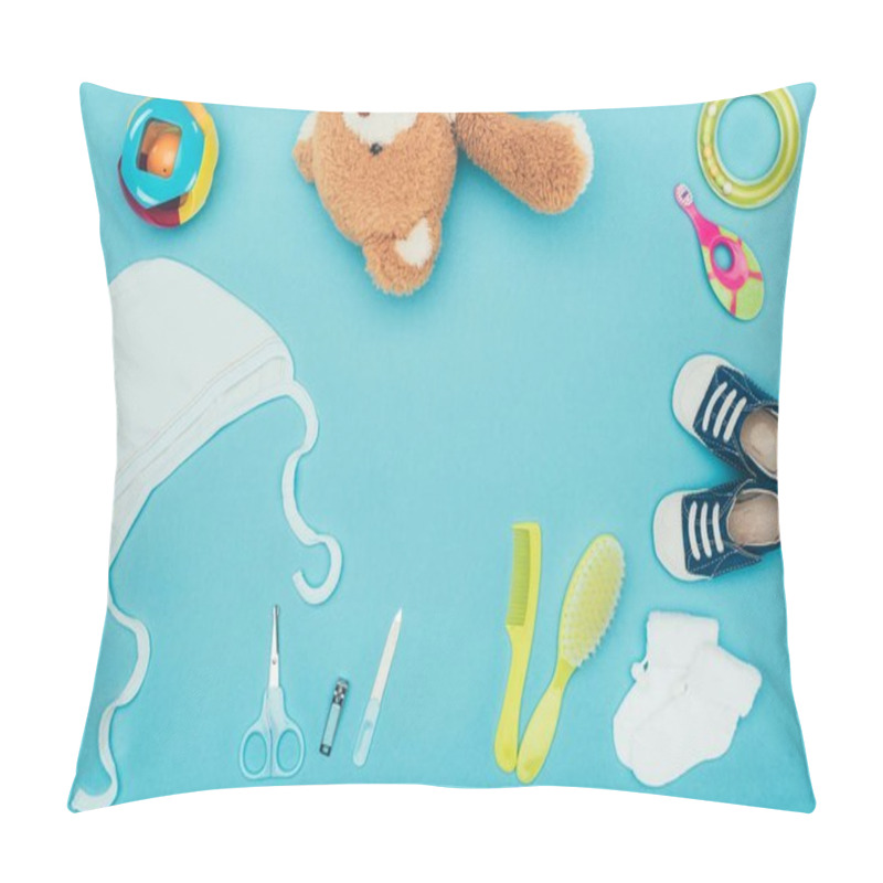 Personality  Top View Of Teddy Bear And Baby Clothes With Equipment Isolated On Blue Pillow Covers