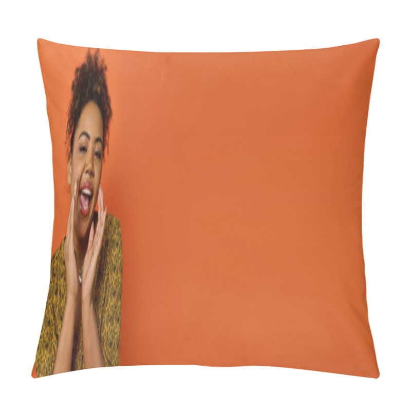 Personality  A Beautiful African American Woman In Stylish Attire, Looking Surprised With Wide Eyes. Pillow Covers